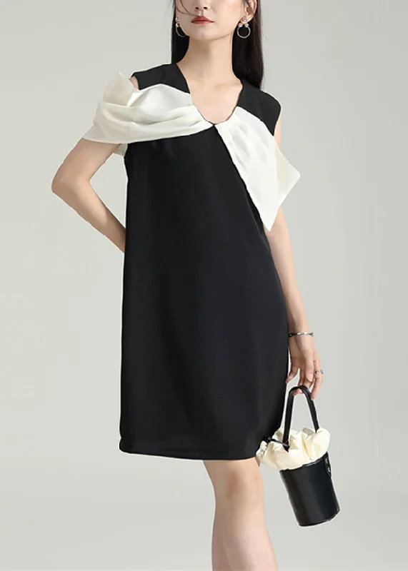 midi dresses for petitesElegant Black Wrinkled Patchwork Cotton Mid Dress Sleeveless