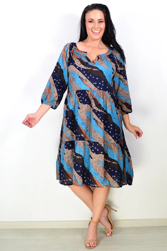 stretchy midi dressesMidnight Blue Abstract Print Tunic Dress