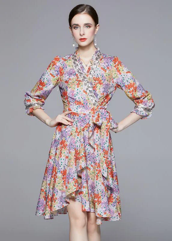 long-sleeved floral midi dressesModern Red Asymmetrical Print Chiffon Mid Dress Bracelet Sleeve