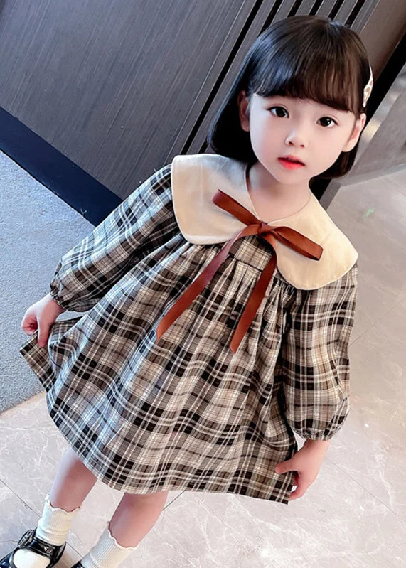 wrap-around midi dressesHandmade Khaki Plaid Bow Detachable Girls Mid Dresses Long Sleeve