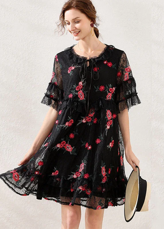 spaghetti strap midi dressesWomen Black Embroideried Patchwork Lace Mid Dress Short Sleeve