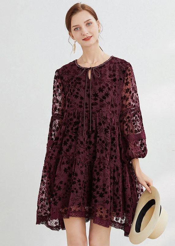 mini midi dressesBoho Mulberry O-Neck Lace Up Silk Velour Mid Dress Long Sleeve