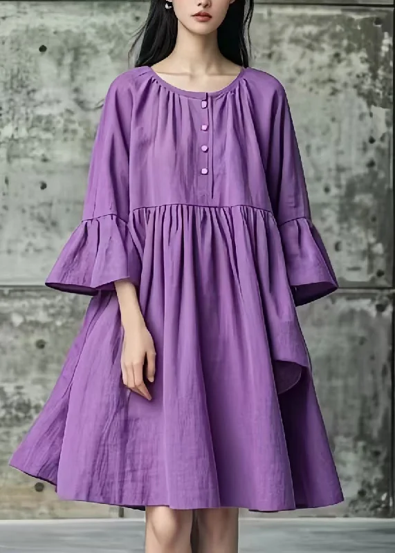 high-low midi dressesWomen Purple Oversized Cotton Mid Dresses Flare Sleeve