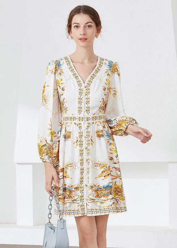 lace-trimmed midi dressesChic White V Neck Print Chiffon Mid Dress Spring