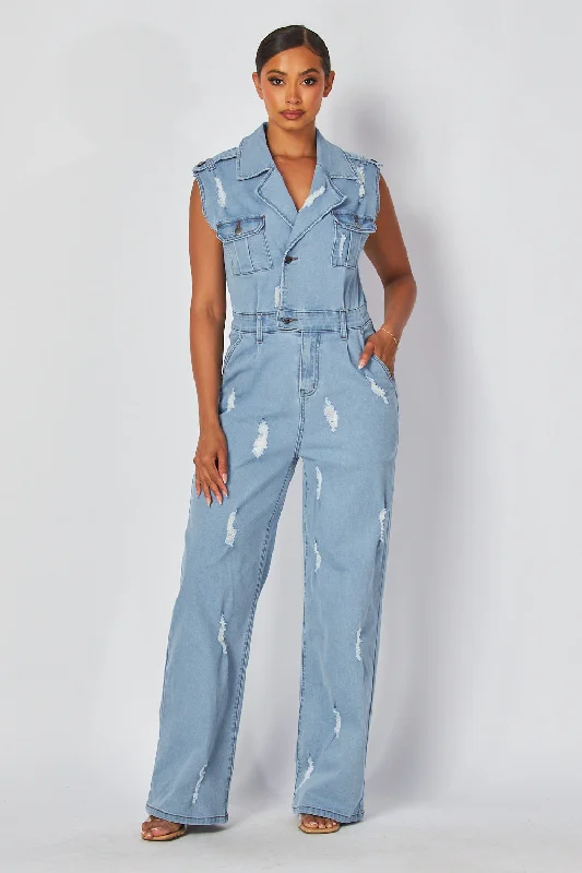 women's jumpsuits for stylish and functional fashionSolene Sleeveless Cargo Denim Jean Jumpsuit