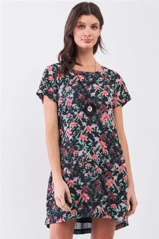 affordable Mimi dressesBlack Multicolor Floral Print Pleated Back Detail Relaxed Mini Dress