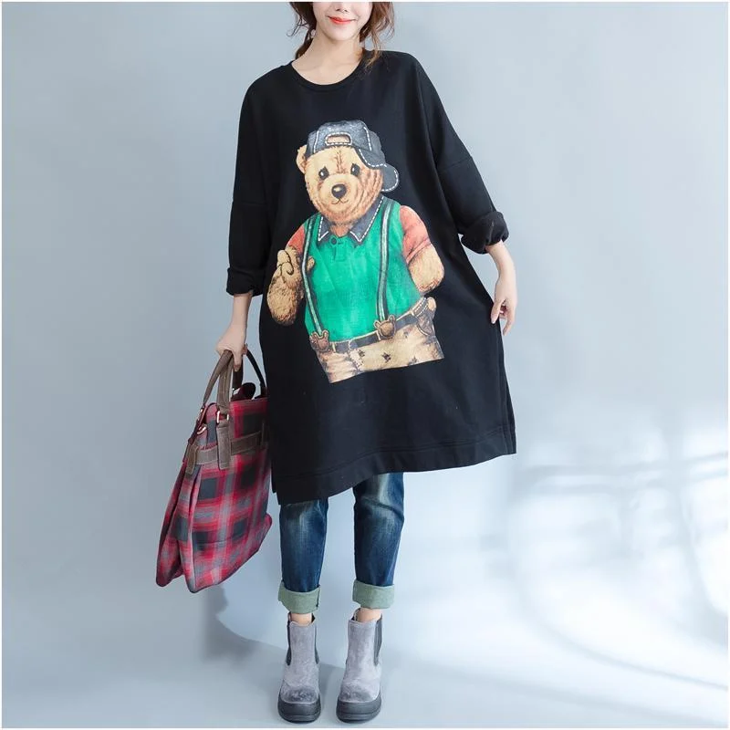 women's midi dressesplus size casual black cartoon print cotton dresses long sleeve mid long t pullover