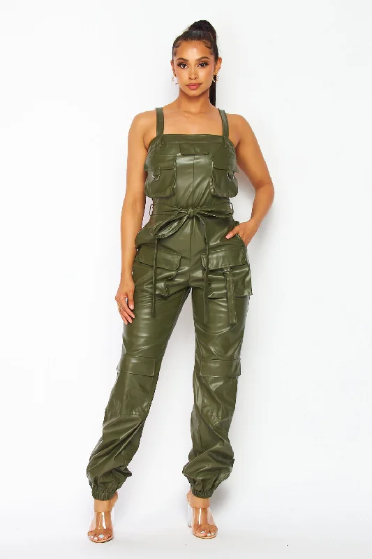 women's high-slit jumpsuitsWander Faux Leather Cargo Pocket Jogger Jumpsuit