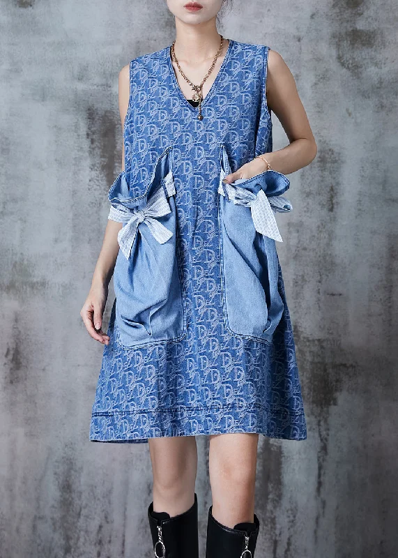 midi dresses for partiesClassy Denim Blue Bow Patchwork Big Pockets Mid Dress Summer