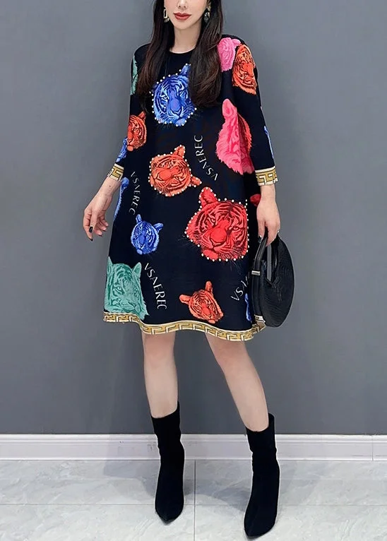 midi dresses with pockets and sleevesWomen Black O Neck Print Cotton Mid Dress Spring