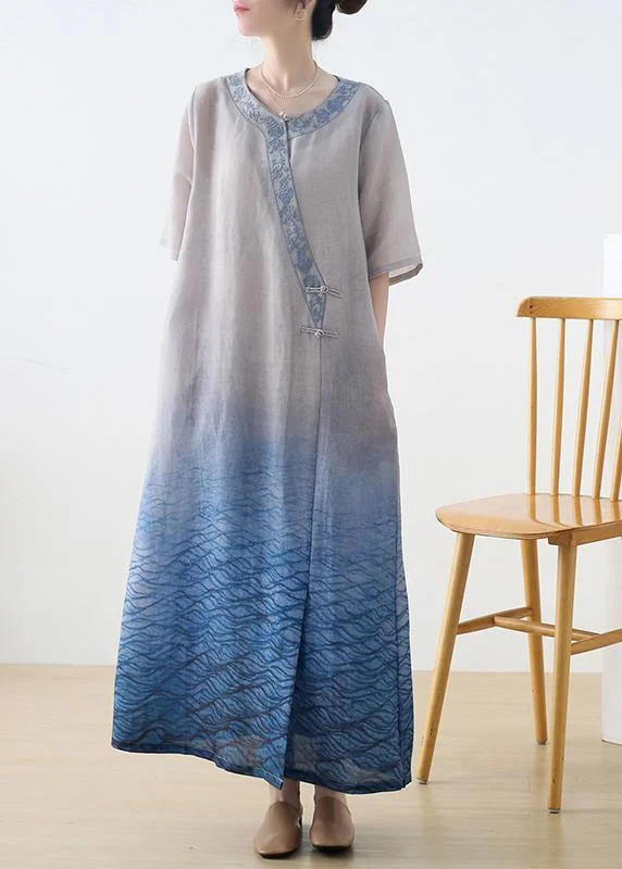 midi pencil dressesBeautiful Blue Print Embroidery Oriental Mid Summer Linen Dress