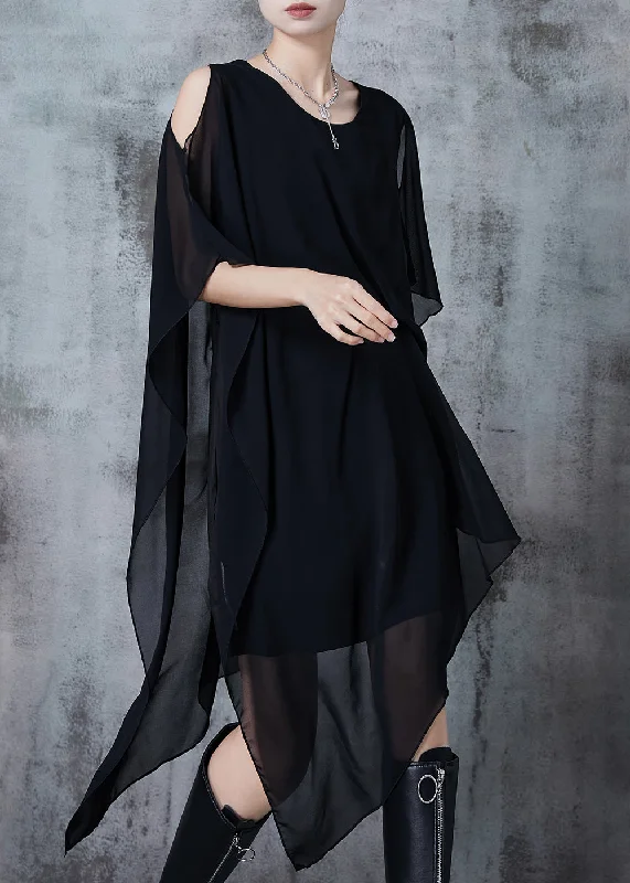 midi dresses for winterArt Black Asymmetrical Draping Chiffon Mid Dress Summer