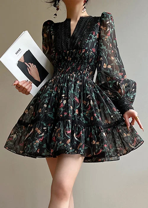 quick-dry midi dressesStylish Black Print Lace Patchwork Mid Dress Lantern Sleeve