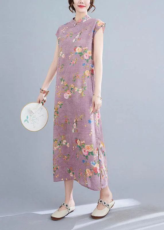 long midi dressesNatural Light Purple Print Button Oriental Mid Dress Summer Cotton Dress