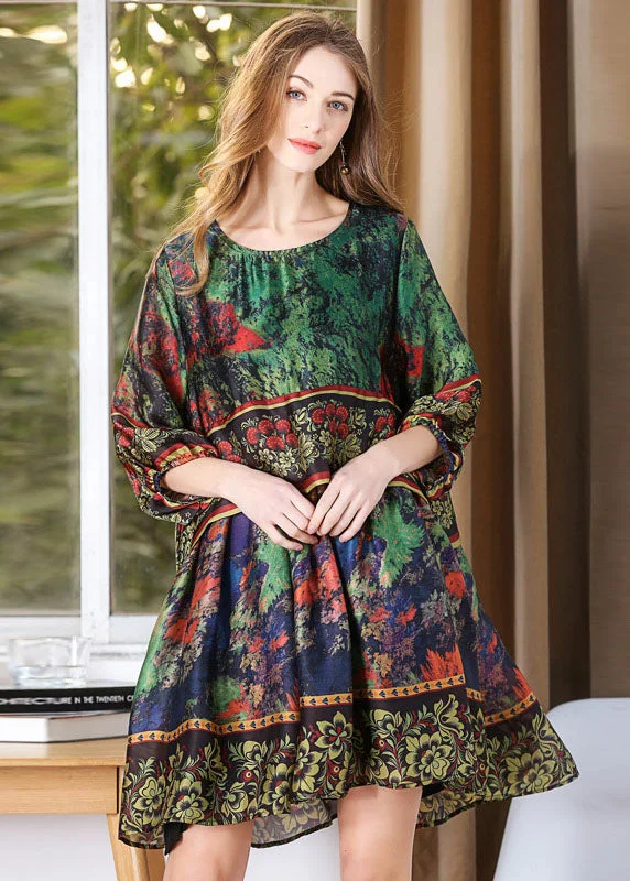 tie-waist midi dressesClassy Green Oversized Tie Dye Silk Mid Dress Lantern Sleeve