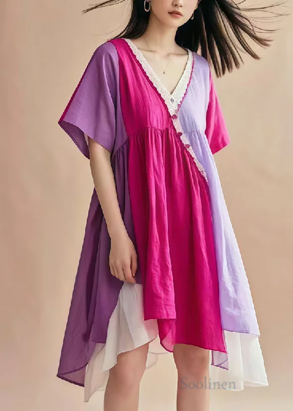 tall women's midi dressesItalian Lavender V Neck Patchwork Cotton Mid Dress Summer