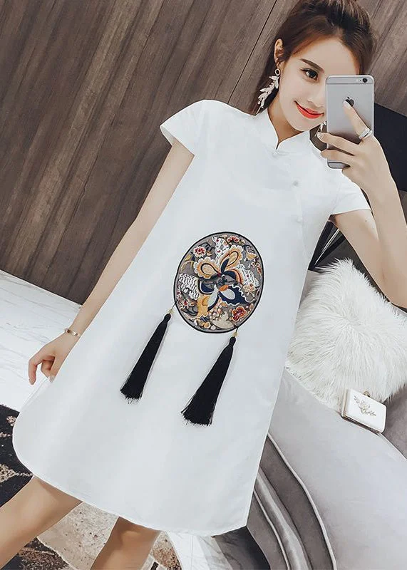 sequin midi dressesBeautiful White Stand Collar Print Tassel Button Cotton Mid Dresses Short Sleeve