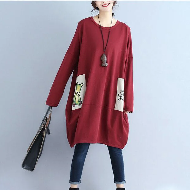 work-appropriate midi dressessolid cotton pockets prints burgundy casual dresses oversize o neck mid dress