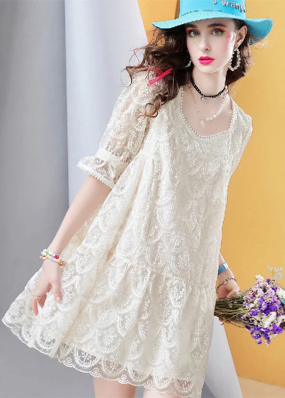 midi dresses with pocketsFitted Beige Square Collar Nail bead Patchwork Lace Mid Dress Petal Sleeve