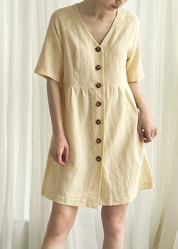 ruffled midi dressesStylish Yellow V Neck Button Linen Mid Dress Summer