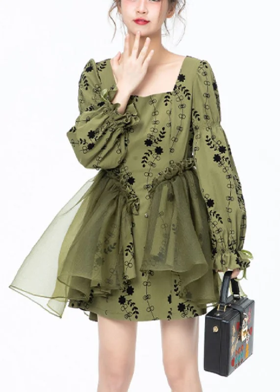 sleeveless midi dressesBeautiful Green Square Collar Print Tulle Patchwork Mid Dresses Long Sleeve