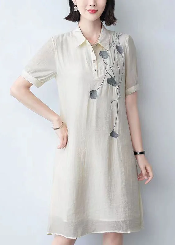 lightweight chiffon midi dressesLoose Beige Peter Pan Collar Print Cotton Mid Dress Summer