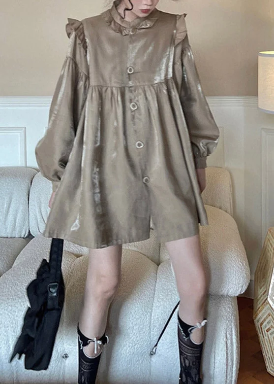 flowy midi dressesBoho LAight Chocolate Stand Collar Patchwork Ruffled Wrinkled Button Mid Dress Long Sleeve