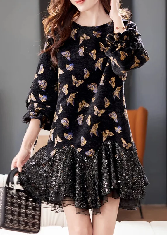 midi cocktail dressesNew Black Butterfly Sequins Tulle Patchwork Mid Dress Butterfly Sleeve