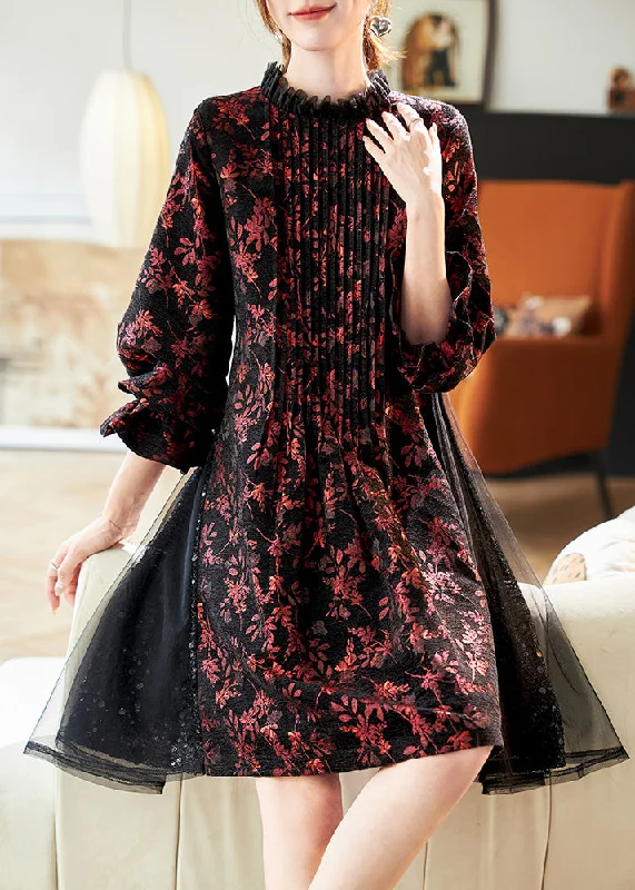 elegant evening midi dressesOrganic Red Print Wrinkled Tulle Patchwork Holiday Mid Dress Spring