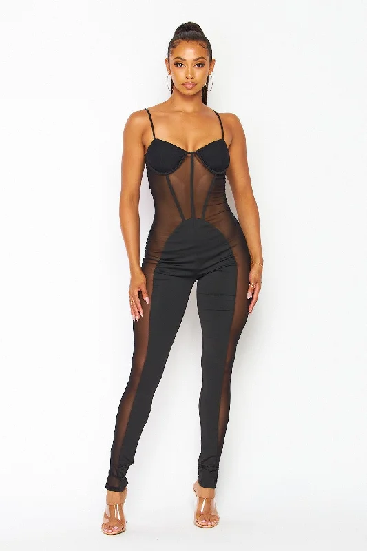 women's fitted jumpsuitsYoung Forever Sheer Mesh Cutout Corset Jumpsuit