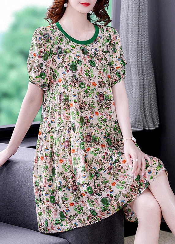 midi sheath dressesBeautiful O-Neck Print Wrinkled Chiffon Mid Dresses Short Sleeve