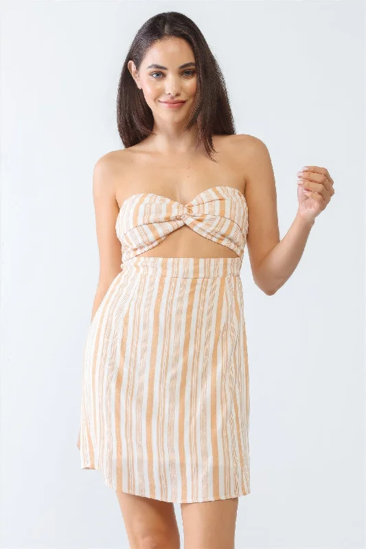 designer Mimi dresses under $100White & Apricot Stripe Print Strapless Twist Cut-out Smocked Back Mini Dress