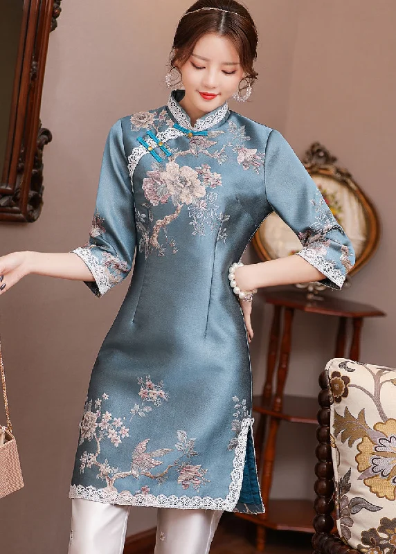 midi fit-and-flare dressesJacquard Blue Stand Collar Side Open Button Satin Cheongsam Mid Dress Long Sleeve