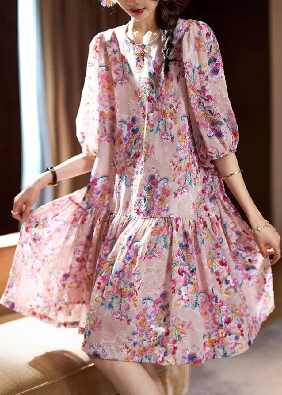 midi dresses with sleevesCute Pink O-Neck Print Patchwork Mid Dresses Summer