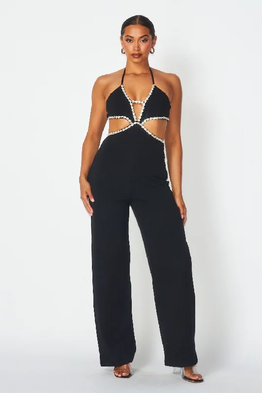 women's jumpsuits for breathable wearAmra Cut Out Rhinestone Halter Jumpsuit Pant Suit