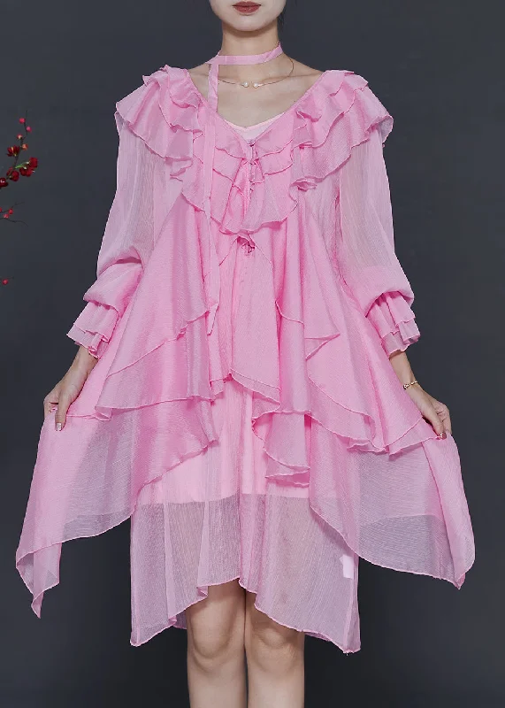 midi dresses with adjustable strapsStylish Pink Asymmetrical Ruffles Chiffon Mid Dress Spring