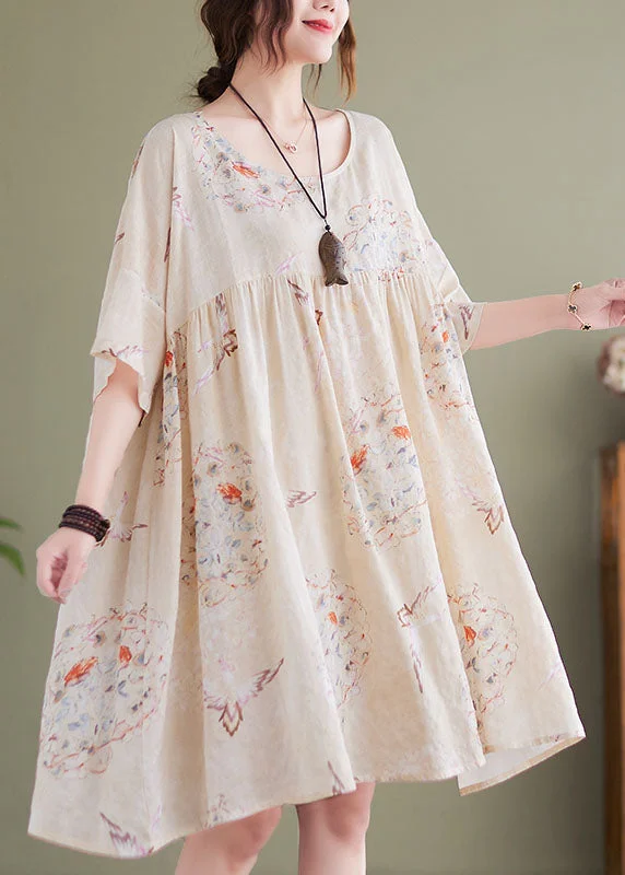 flowy midi dressesPlus Size Beige O-Neck Wrinkled Print Cotton Mid Dress Short Sleeve