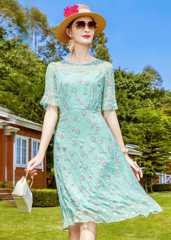 lined midi dressesBeautiful Light Green O-Neck Embroideried Silk Mid Dresses Short Sleeve