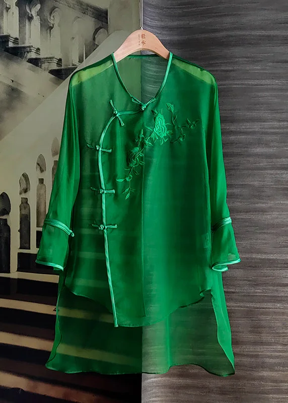 midi shift dressesOrganza Green O-Neck Embroideried Floral Low High Design Silk Mid Dress Long Sleeve