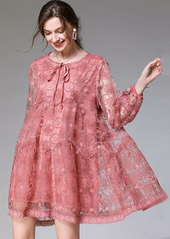 midi dresses with pocketsFitted Pink Embroideried Patchwork Lace Mid Dress Long Sleeve