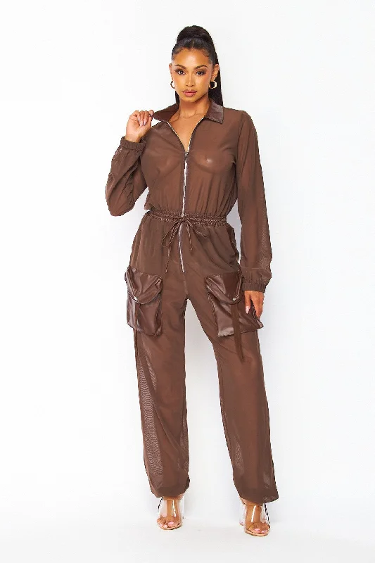 women's cozy jumpsuitsElla Sheer Mesh Long Sleeve Jogger Pant Jumpsuit