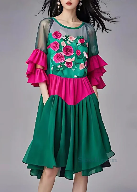 midi dresses with adjustable strapsFashion Green Print Tulle Patchwork Chiffon Mid Dress Butterfly Sleeve