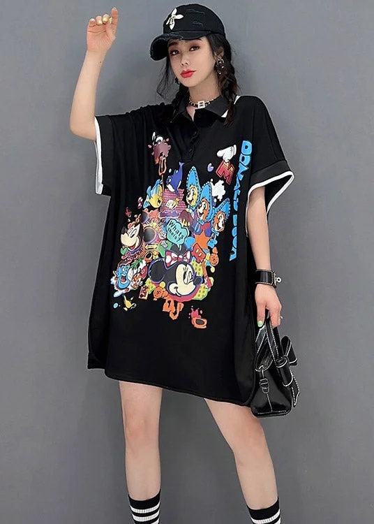 midi dresses with buttonsChic Black Peter Pan Collar Print Mid Dresses Short Sleeve