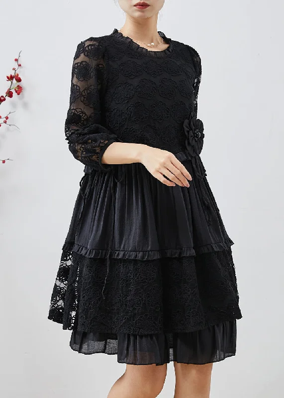 two-piece midi dressesUnique Black Embroidered Floral Tulle Mid Dresses Summer