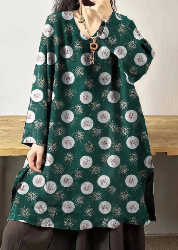 midi dresses with spaghetti strapsVintage green polka dots V Neck Embroidered Patchwork Linen Mid Dresses Fall