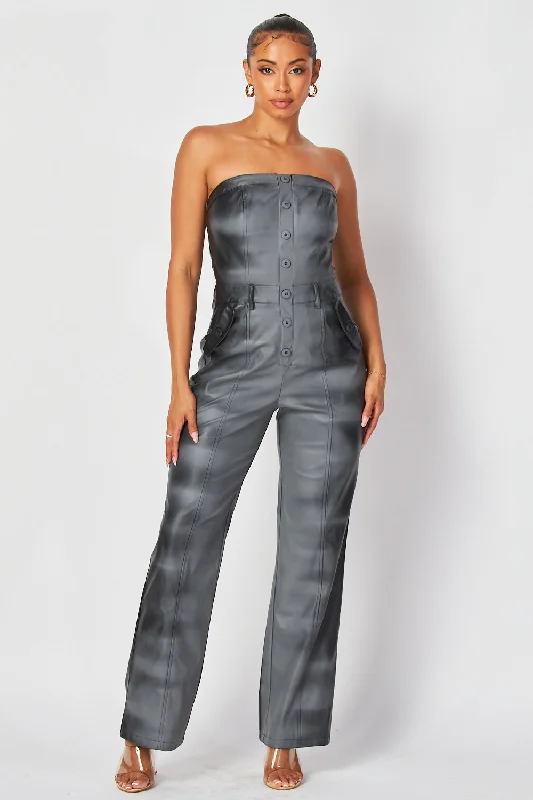 women's jumpsuits for eco-friendly choicesHunter Airbrush Detail Faux Leather Tube Jumpsuit