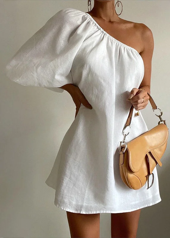 midi dresses with keyhole backsFrench White Asymmetrical Solid Cotton Mid Dress Bracelet Sleeve