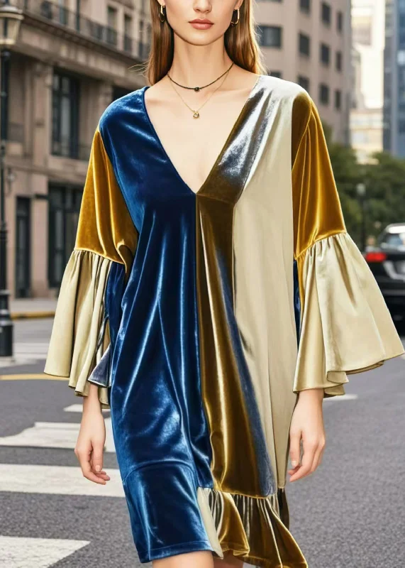 midi dresses for partiesElegant Colorblock V Neck Patchwork Silk Velvet Mid Dresses Spring