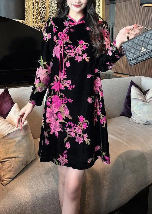 midi dresses for curvesElegant Black Chinese Button Print Silk Velour Mid Dress Long Sleeve