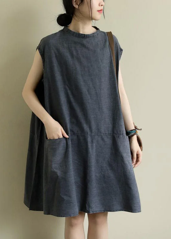 midi dresses for petitesBoutique Grey Stand Collar Patchwork Solid Mid Dress Summer